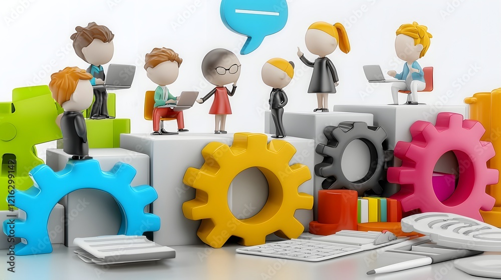 Poster 3D of Cartoon Characters Collaborating and Discussing a New Business Strategy in a Modern Office Setting with Professional Equipment and Devices