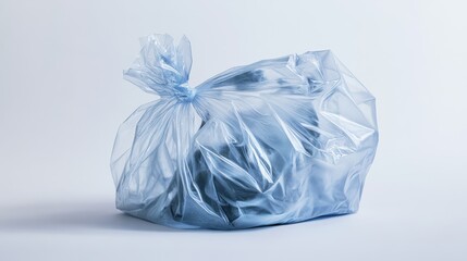 Fototapeta premium Plastic bag filled with water, tied tightly and placed on the ground, on solid white background, single object.