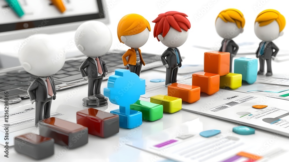 Leinwandbilder business teamwork concept with 3d cartoon characters sharing ideas and working on a business plan in