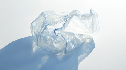 Plastic bag under sunlight, starting to show signs of degradation, on solid white background, single object.