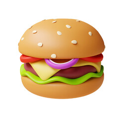 Colorful cheeseburger with lettuce, tomato, and onion rings 3D render illustration