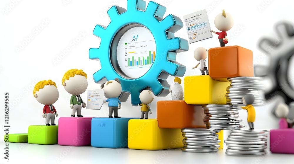 Poster Animated 3D cartoon characters collaborating and presenting a business strategy data analytics and infographic charts in a lively team meeting setting  Concept of corporate planning management