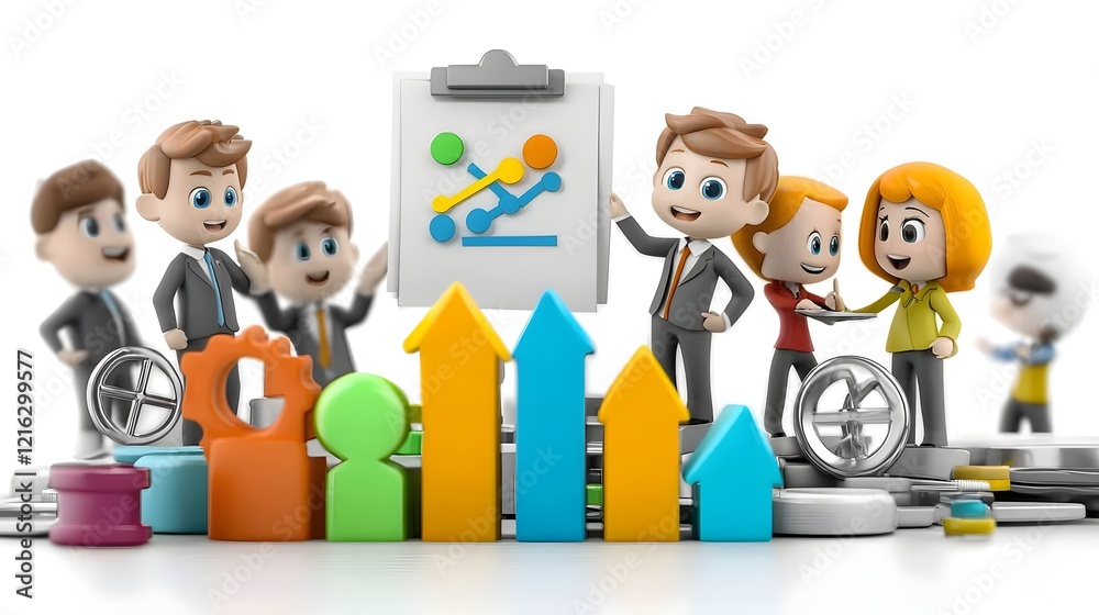 Poster Animated 3D cartoon characters collaborating and presenting business strategy with charts and graphs in a bright and lively team meeting background