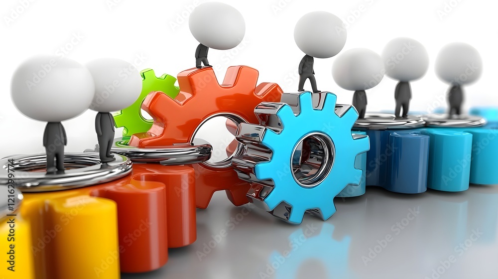 Aufkleber Engaging 3D of cartoon characters working together developing and executing innovative business strategies with teamwork and in the background