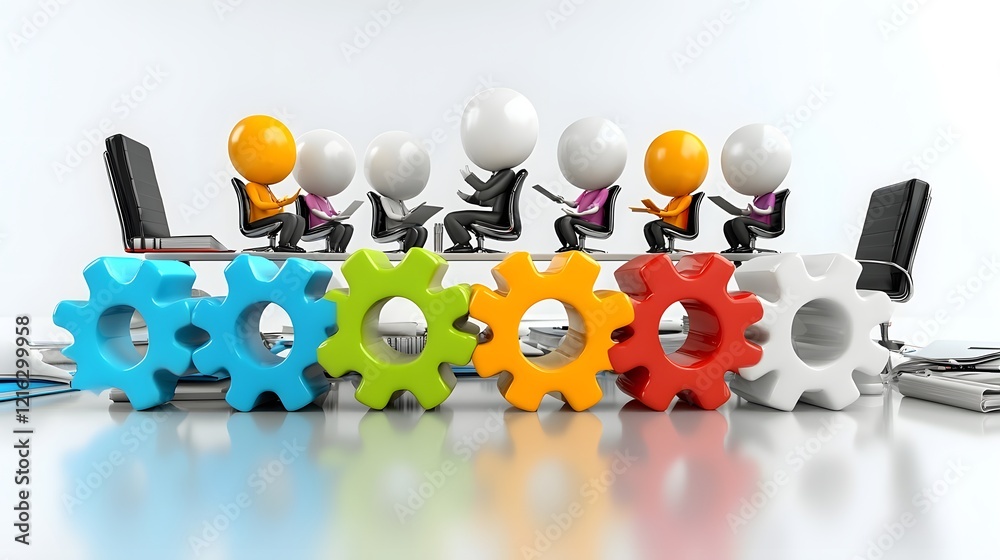 Poster 3D Cartoon Characters Discussing and Collaborating on New Business Strategies and Solutions in a Minimal Boardroom Setting