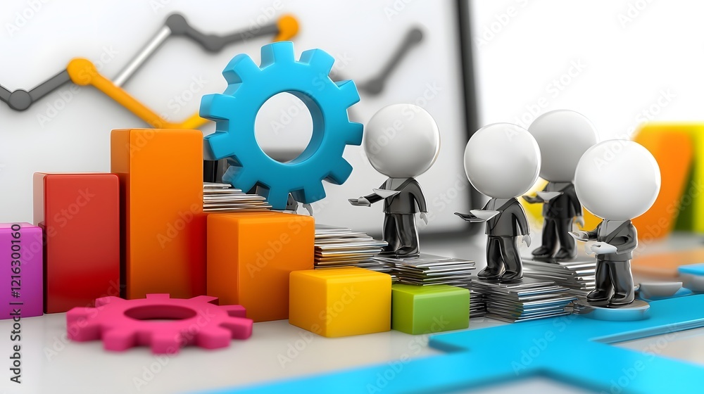 Poster Group of 3D cartoon characters in a boardroom setting collaborating and brainstorming new business strategies with a creative and minimal background  Depicting teamwork problem solving