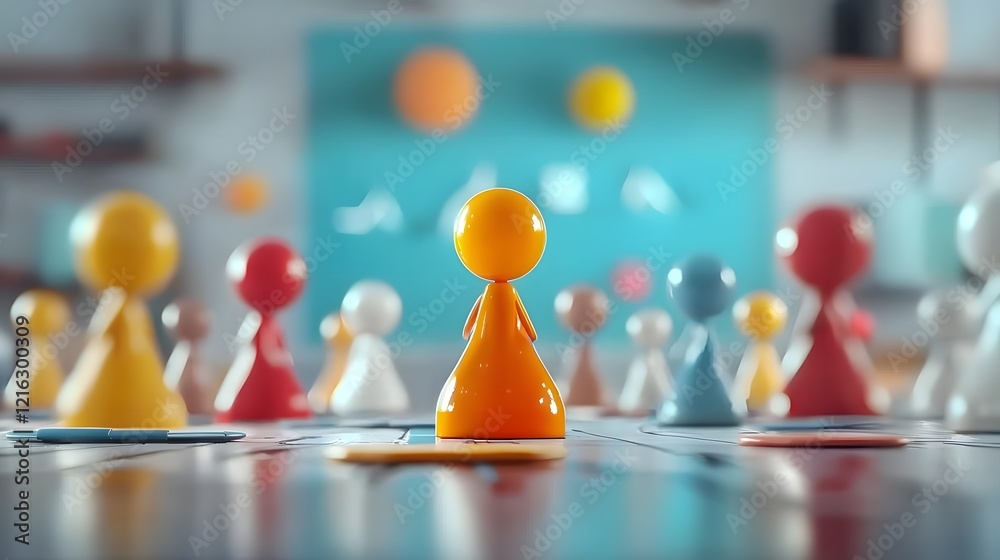 Poster Animated 3D business team cartoon characters collaborating and planning strategic goals in a modern office environment  The image depicts a concept of data analysis problem solving