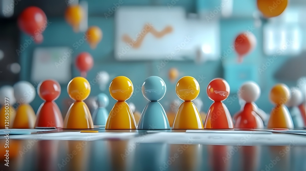 Leinwandbilder 3D of Teamwork Cartoon Characters Collaborating at a Round Table Brainstorming New Business Strategy Ideas with Charts and Documents in Modern Office Background