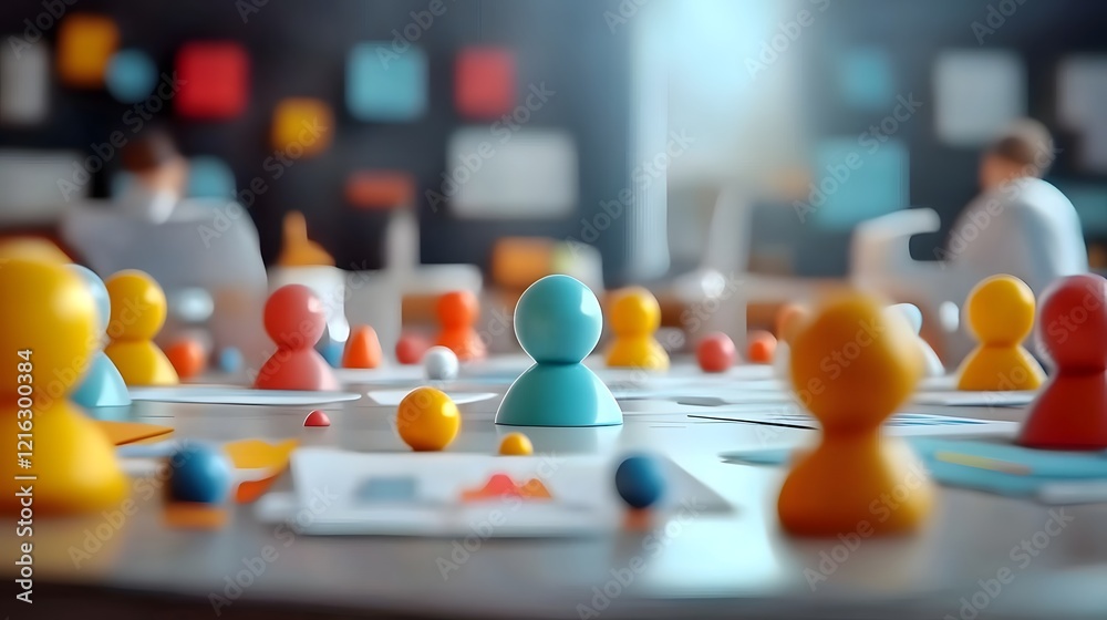 Poster 3D of Cartoon Characters Collaborating at a Round Table to Brainstorm New Business Strategy Ideas with Charts and Documents in a Modern Office Background