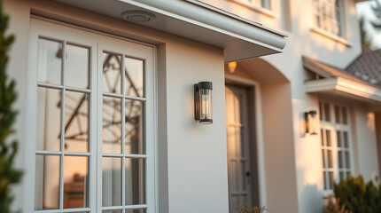Fototapeta premium Luxury Home Exterior at Sunset: Modern Architectural Design and Warm Evening Light