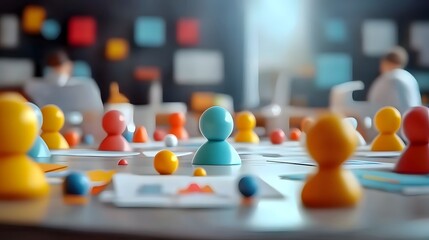 Naklejka premium 3D of Cartoon Characters Collaborating at a Round Table to Brainstorm New Business Strategy Ideas with Charts and Documents in a Modern Office Background