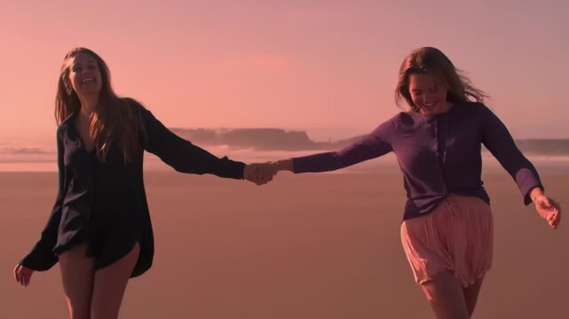 Lgbt couple running on beach at sunset