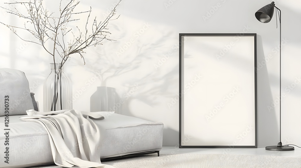 Poster clean and minimalist living room interior design with an empty iso a paper size frame mockup ready f