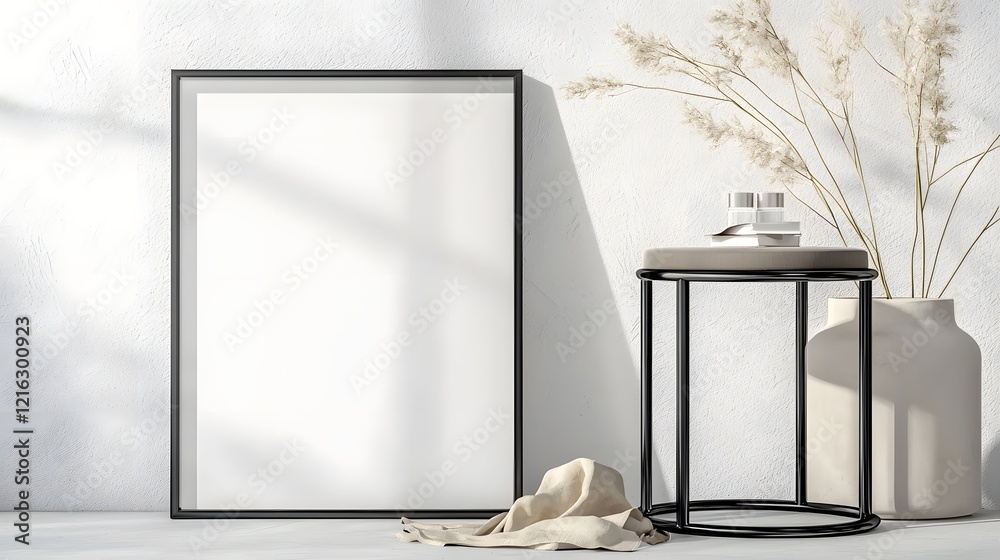 Poster elegant and sophisticated interior scene featuring an iso a paper size frame mockup displayed on a t