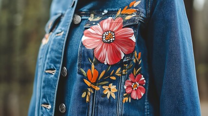 Artistic Denim: Fashionable Denim Jacket with Hand-Painted Floral Design