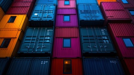 Fototapeta premium Colorful Stacked Cargo Containers at Night