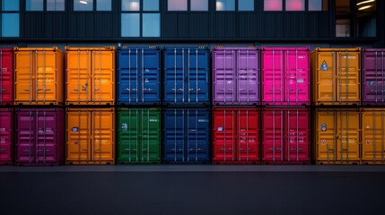 Fototapeta premium Colorful Cargo Containers Stacked Against a Building