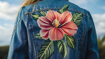 Artistic Denim: Fashionable Denim Jacket with Hand-Painted Floral Design