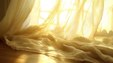 A sheer fabric skirt glowing softly in front of a large sunlit window.