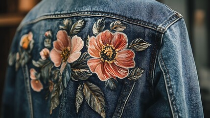 Artistic Denim: Fashionable Denim Jacket with Hand-Painted Floral Design