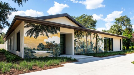 Naklejka premium Modern House Exterior with Lush Tropical Mural Artwork