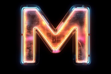 neon light letter M on black background