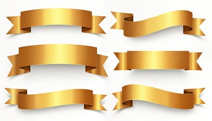 Set of golden banner ribbons isolated on white background. Design elements for decoration, celebration. Collection of decorative ribbons. Versatile design choices for various projects. Ribbons glossy