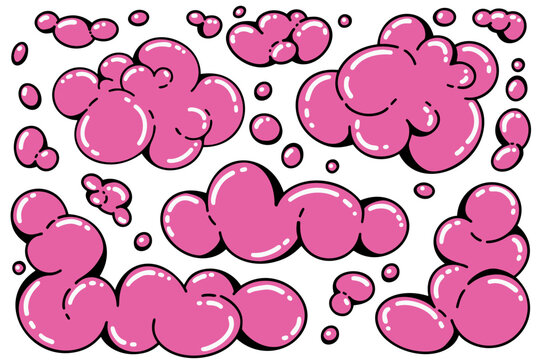 Naklejki Y2k funky cloud shapes. Playful vector design. Cartoon retro pink bubbles. Bright soap suds illustration on white background