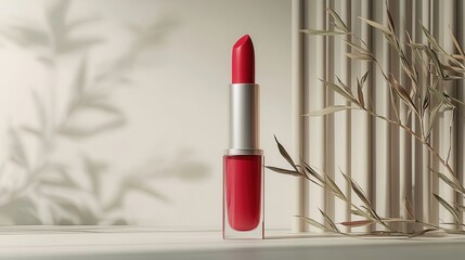 Elegant Red Lipstick on Display with Minimalist Background and Leaves
