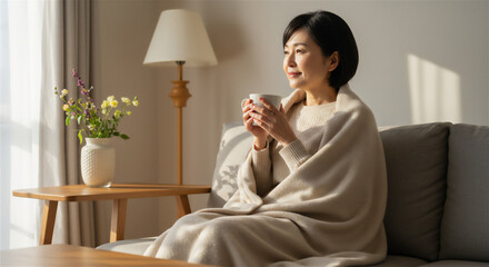 部屋でホットドリンクを飲む女性　温活　白湯