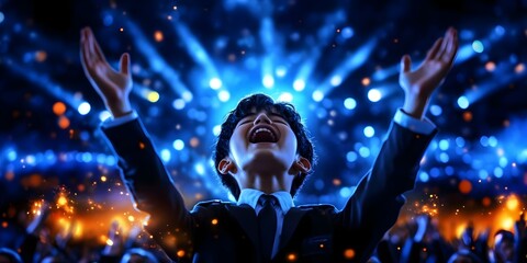 A joyful child in a suit with arms raised, singing or celebrating, surrounded by colorful lights and a lively crowd. Concept Childhood Joy, Celebration in Style, Colorful Atmosphere, Crowd Energy