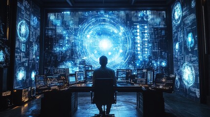 Data analyst in a high-tech room surrounded by holographic charts and graphs, futuristic and immersive setup  