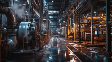 Fototapeta premium Industrial Powerhouse: A Glimpse into a Modern Factory's Intricate Machinery and Infrastructure