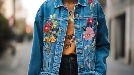 Artistic Denim: Fashionable Denim Jacket with Hand-Painted Floral Design