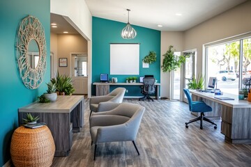 Fototapeta premium Modern Teal and Gray Office Lobby Interior Design with Comfortable Seating and Workspace