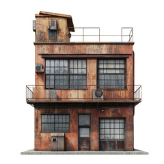 Rusty Industrial Building: An aged industrial building with a weathered, rusted exterior stands against a clear backdrop, its architecture revealing stories of bygone eras.cut out