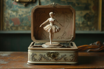 Antique ballerina music box, delicate porcelain figurine in ornate wooden case.