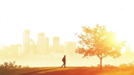 Young person walking in a city park during sunrise, on solid white background, single object.