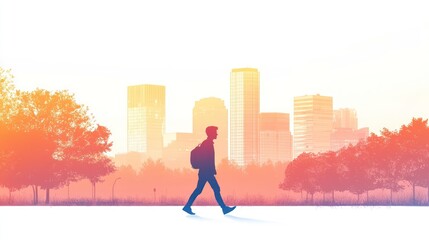 Young person walking in a city park during sunrise, on solid white background, single object.