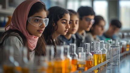 Group of students from diverse backgrounds participating in a science project, discovery and teamwork 