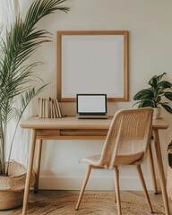 Fototapeta premium Minimalist Home Office Setup with Wooden Desk, Laptop, and Plants