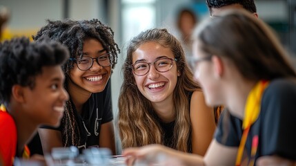 Group of students from diverse backgrounds participating in a science project, discovery and teamwork 
