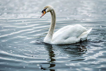 Obraz premium Graceful Swan with Elegantly Arched Neck Gliding Across Tranquil Lake in Serene Natural Setting