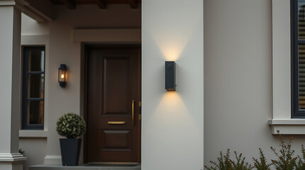 Modern House Exterior with Elegant Wall-Mounted Light Fixture. The contemporary design enhances the home's entrance, creating a warm and inviting ambiance at night.