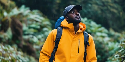 A man in a yellow jacket is walking through a forest. He is wearing a black hat and a backpack. The man is looking up at the sky