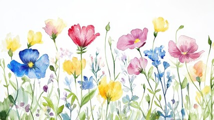 Fototapeta premium Beautiful seamless floral water color pattern Set, watercolor wild flowers, leaves and grass,Collection botanic garden elements, isolated illustration in rustic or vintage style,copy space.