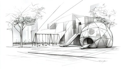 A sketch of a modern playground featuring a dome climbing structure, swings, and a small slide. The composition is balanced with fine line work for details .