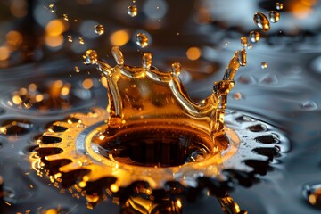 Engine oil splashing and creating a crown shape over a metal gear, concept of industrial maintenance