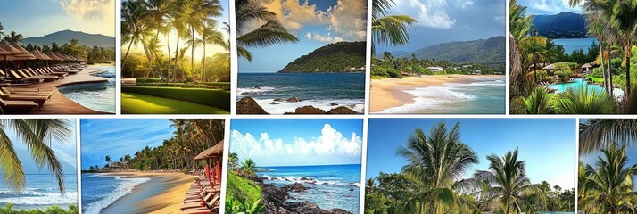 Tropical Paradise. Collage Of Resorts, Hotels On The Oceanfront. Travel, Vacation, Tourism Concept