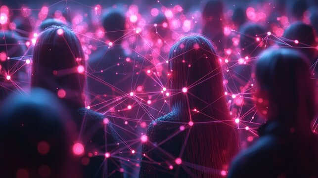 Crowd with pink network overlay; connections in background. Use for technology concepts.